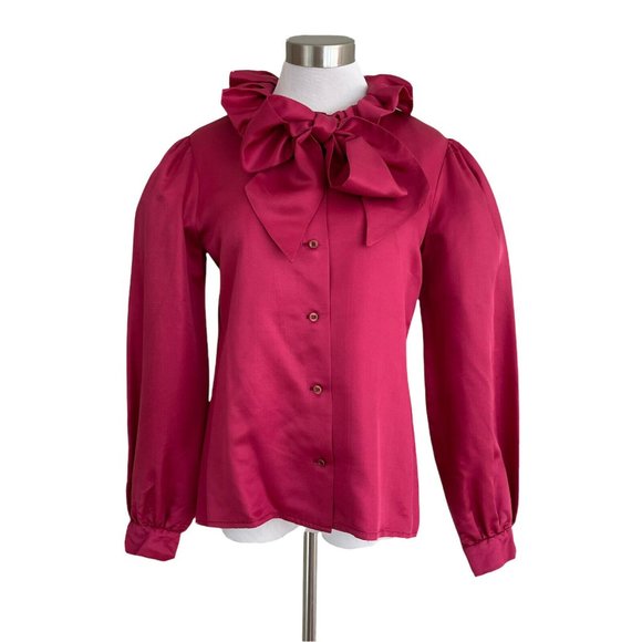 Vintage 1970’s Cranberry Silk Pussy Bow Blouse Samuel Roberts Puff Sleeve Top - Picture 2 of 9